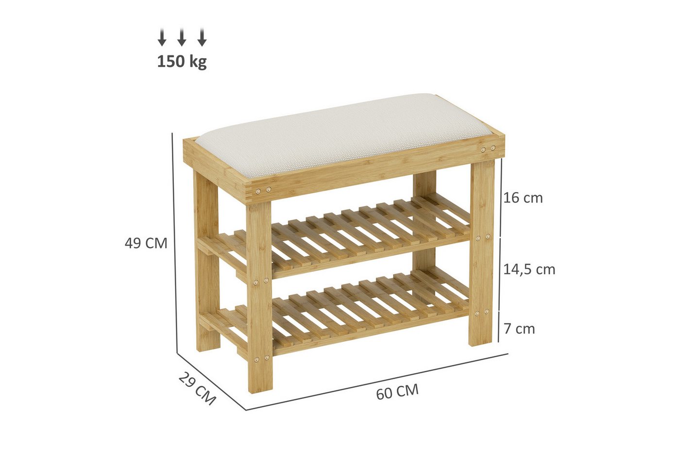 HOMCOM Schuhbank Bambus Sitzbank, Schuhregal 2 Fächer, Garderobenbank, 60x29x49cm (Schuhregal aus Bambus, 1-St., Schuhbank mit Sitzfläche), für Wohnzimmer, Flur – Bild 3 von 5