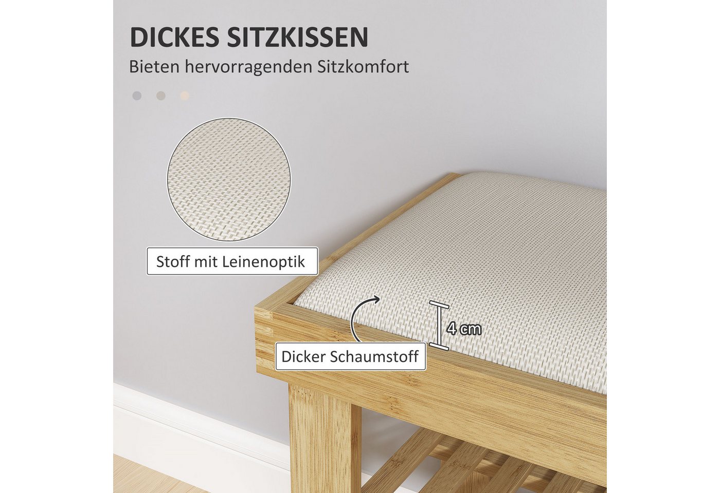 HOMCOM Schuhbank Bambus Sitzbank, Schuhregal 2 Fächer, Garderobenbank, 60x29x49cm (Schuhregal aus Bambus, 1-St., Schuhbank mit Sitzfläche), für Wohnzimmer, Flur – Bild 4 von 5