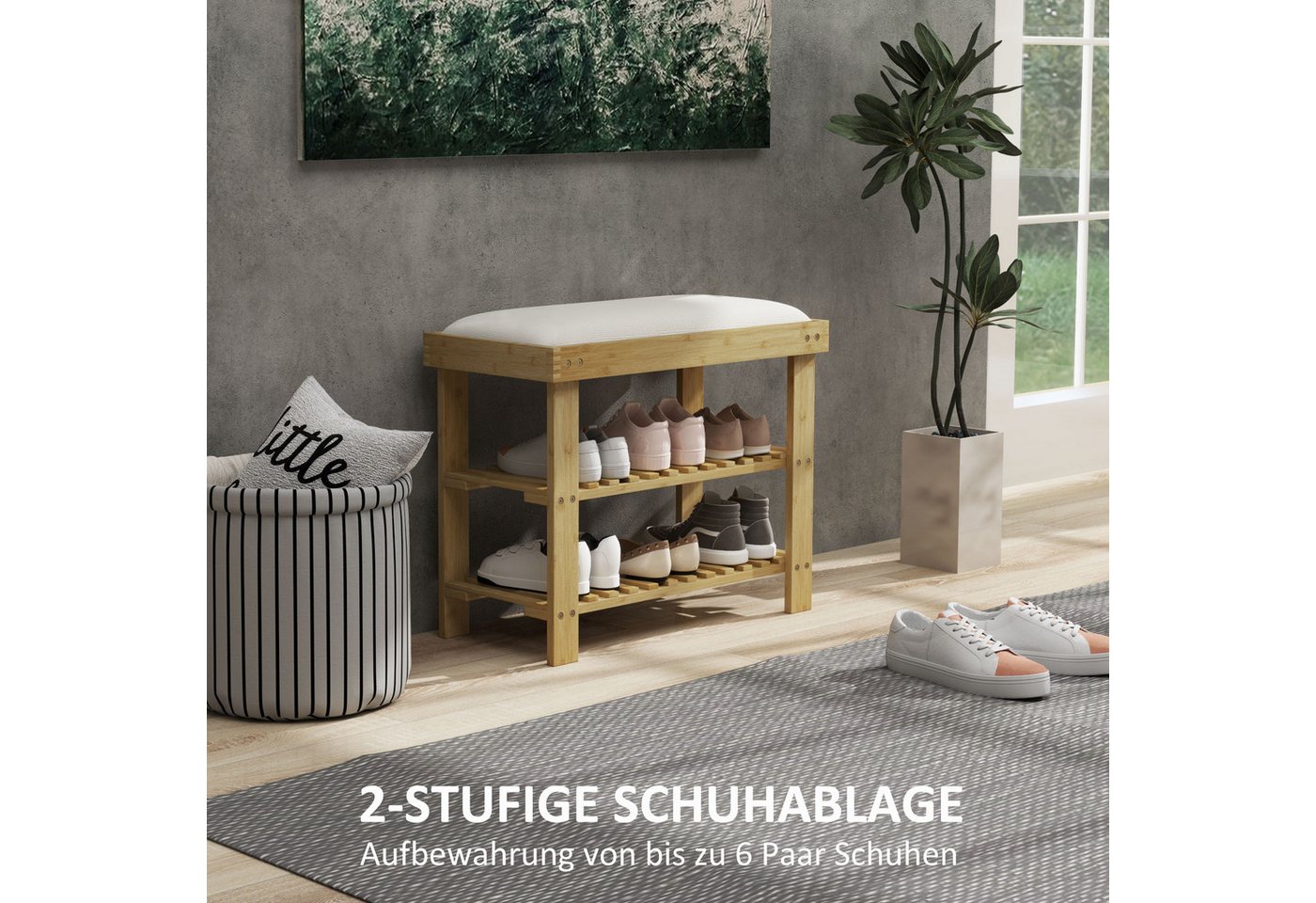 HOMCOM Schuhbank Bambus Sitzbank, Schuhregal 2 Fächer, Garderobenbank, 60x29x49cm (Schuhregal aus Bambus, 1-St., Schuhbank mit Sitzfläche), für Wohnzimmer, Flur – Bild 5 von 5