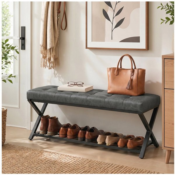 HOMCOM Schuhbank Sitzfläche, Schuhregal mit Stauraum, Kunstleder, bis 220kg (Industrielle Sitzbank, 1-St., inkl. Sitzkissen), für Flur Eingangsbereich, 112x37x4