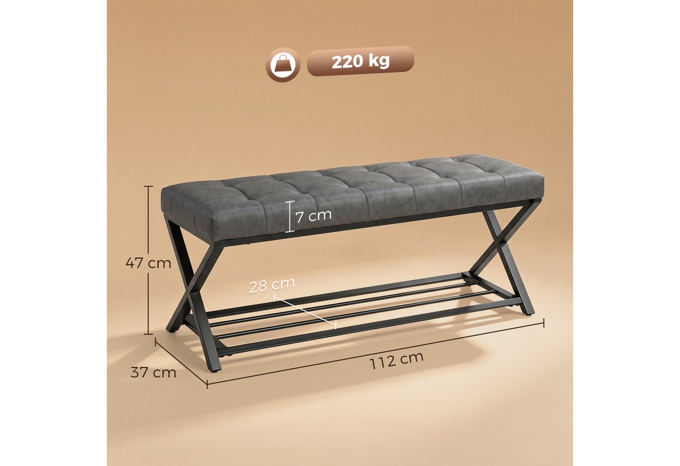 HOMCOM Schuhbank Sitzfläche, Schuhregal mit Stauraum, Kunstleder, bis 220kg (Industrielle Sitzbank, 1-St., inkl. Sitzkissen), für Flur Eingangsbereich, 112x37x4 – Bild 3 von 5