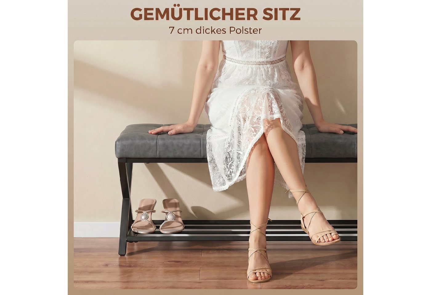 HOMCOM Schuhbank Sitzfläche, Schuhregal mit Stauraum, Kunstleder, bis 220kg (Industrielle Sitzbank, 1-St., inkl. Sitzkissen), für Flur Eingangsbereich, 112x37x4 – Bild 4 von 5