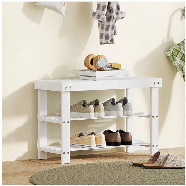 HOMCOM Schuhbank Sitzfläche und Stauraum, 2 Ablagen Flurbank für Wohnzimmer (Schuhregal aus Bambus, 1-St., Sitzbank), für Flur, Eingangsbereich, 70 x 28 x 45 cm