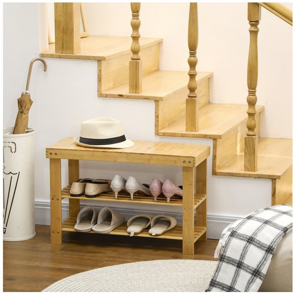 HOMCOM Schuhbank Sitzfläche und Stauraum, 2 Ablagen Flurbank für Wohnzimmer (Schuhregal aus Bambus, 1-St., Sitzbank), für Flur, Eingangsbereich, 70 x 28 x 45 cm