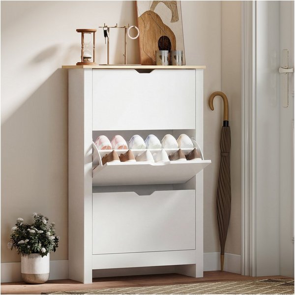 HOMCOM Schuhkipper Schuhschrank mit 3 Klappen, Schuhregal, schmal, für 18 Paar Schuhe (Schuhständer, 1 St., Schuhkipper), für Flur, Eingangsbereich Weiß+Natur 7