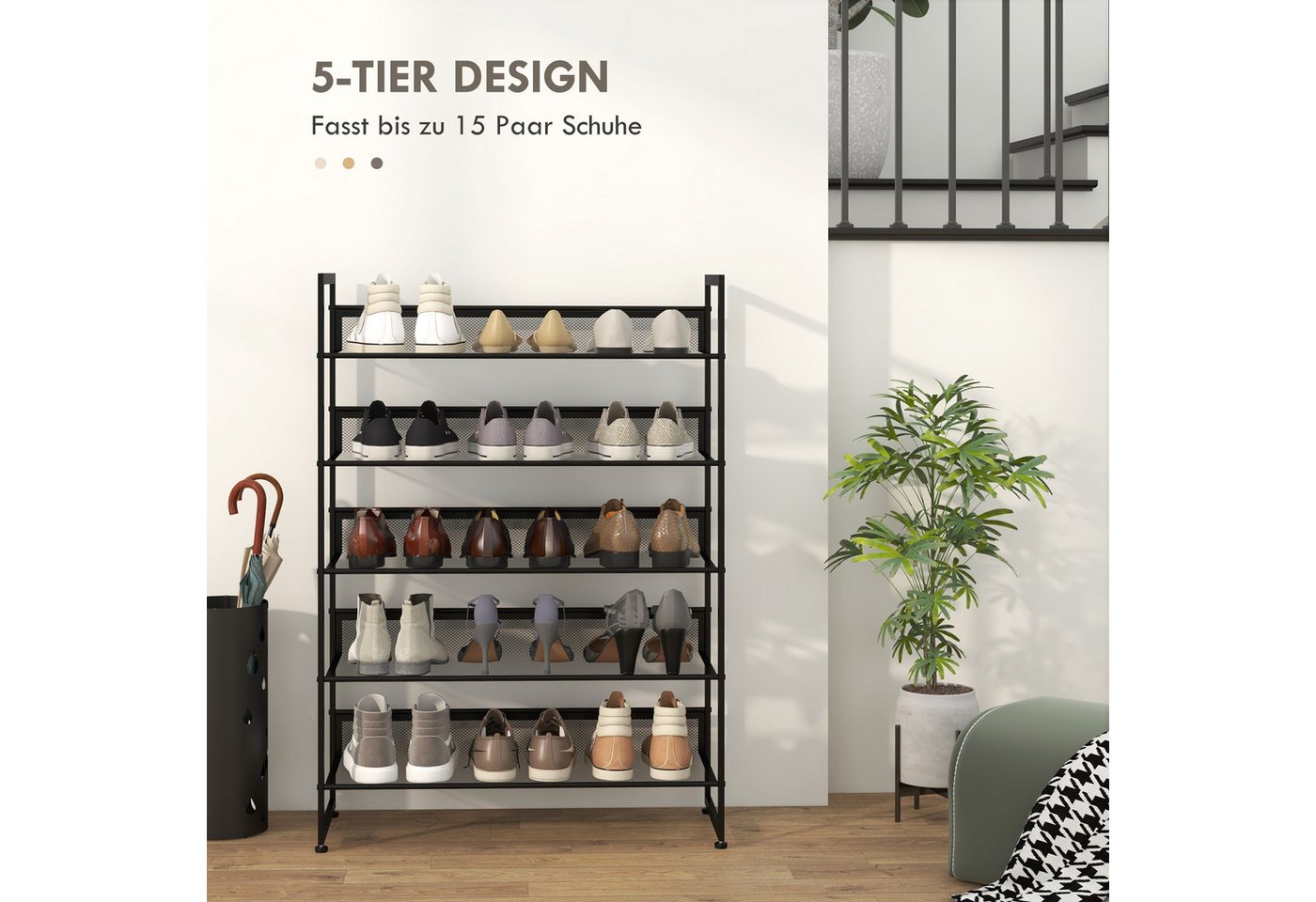 HOMCOM Schuhregal Schuhablage, Schuhständer für 15 Paar Schuhe, platzsparend, Flur, Schuh-Organizer 1-tlg., für Eingang, Schlafzimmer, Stahl, 72 x 30 x 102 cm,  – Bild 5 von 5
