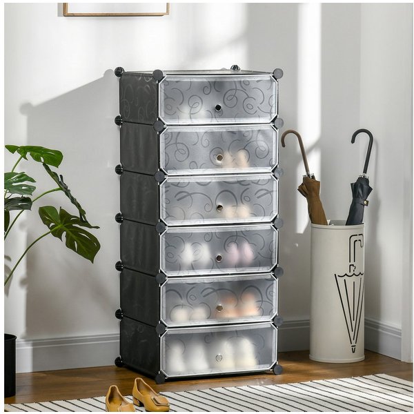 HOMCOM Schuhregal Schuhboxen 6er Set Schuhkarton stapelbar DIY Schuhorganizer, Schuhregal 1-tlg., Kunststoff Stahl Schwarz+Weiß 49 x 36,5 x 108 cm