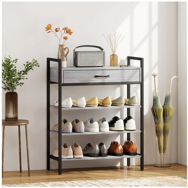 HOMCOM Schuhregal Schuhständer mit Schublade, platzsparend, Schuhablage 70x30x87,6cm, 4-stufiges 1-tlg., Flurregal für bis zu 9 Paar Schuhe, Spanplatte, Metall,