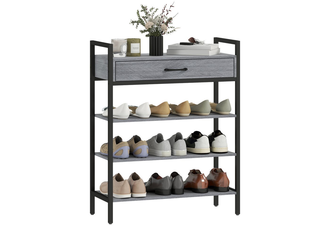 HOMCOM Schuhregal Schuhständer mit Schublade, platzsparend, Schuhablage 70x30x87,6cm, 4-stufiges 1-tlg., Flurregal für bis zu 9 Paar Schuhe, Spanplatte, Metall, – Bild 2 von 5