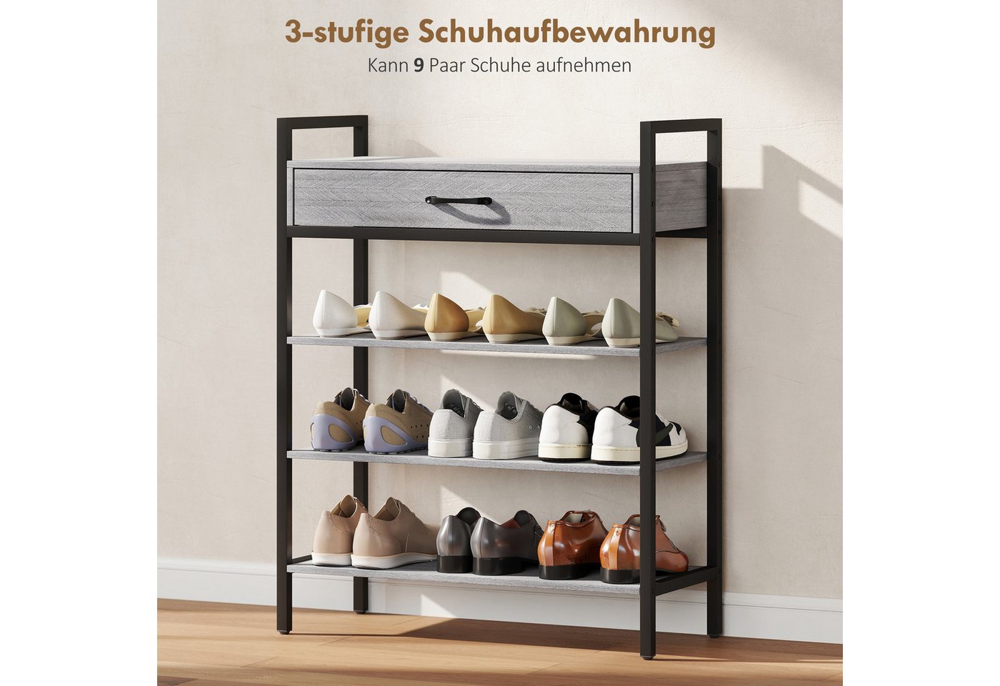 HOMCOM Schuhregal Schuhständer mit Schublade, platzsparend, Schuhablage 70x30x87,6cm, 4-stufiges 1-tlg., Flurregal für bis zu 9 Paar Schuhe, Spanplatte, Metall, – Bild 4 von 5