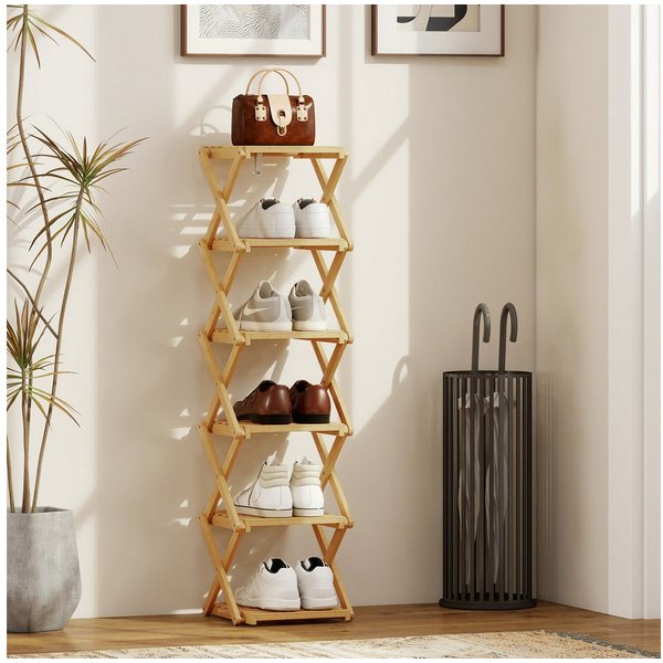 HOMCOM Schuhregal Schuhständer,6 Ebenen Bambus,für 9 Paar Schuhe,schmal Schuhablage, klappbar Schuhständer 1-tlg., für Eingang, Schlafzimmer, 30 x 29 x 108 cm, 