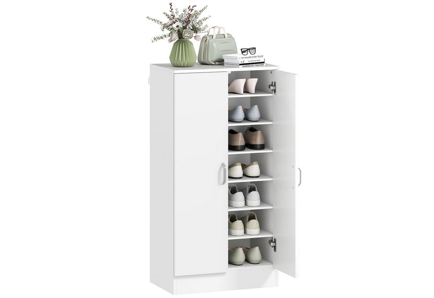 HOMCOM Schuhschrank Schuhkommode mit 2 Türen, 6 verstellbaren Ablagen, Soft-Close (Schuhregal, 1-St., Schuhaufbewahrung) für 14 Paar Schuhe 55 x 35 x 108 cm, We – Bild 2 von 5