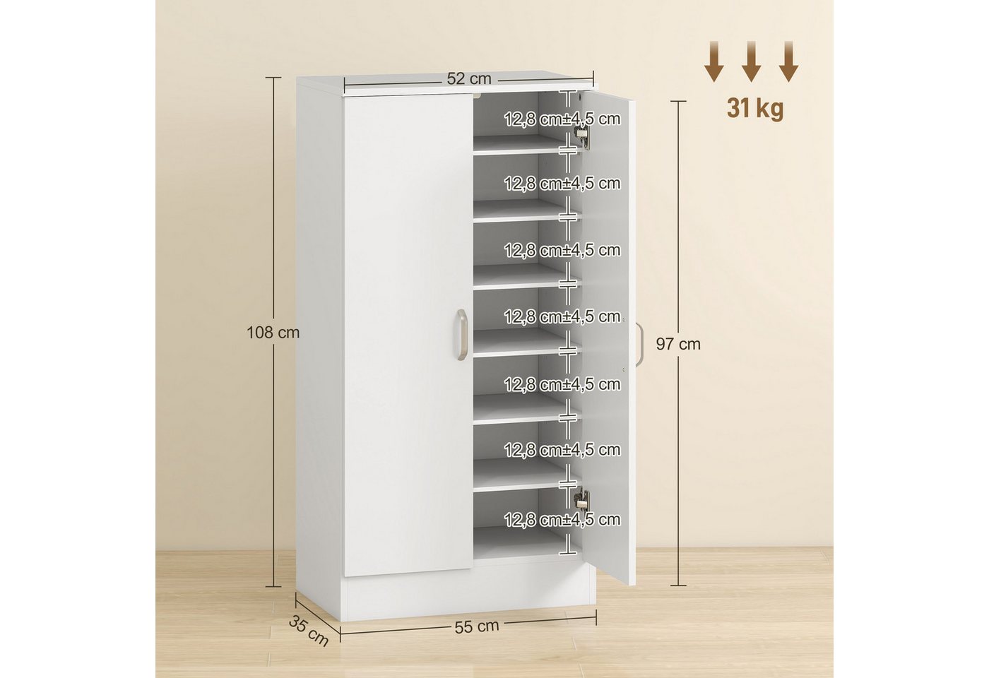 HOMCOM Schuhschrank Schuhkommode mit 2 Türen, 6 verstellbaren Ablagen, Soft-Close (Schuhregal, 1-St., Schuhaufbewahrung) für 14 Paar Schuhe 55 x 35 x 108 cm, We – Bild 3 von 5