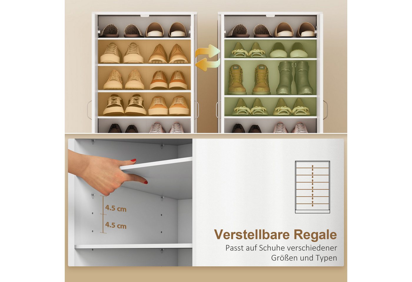 HOMCOM Schuhschrank Schuhkommode mit 2 Türen, 6 verstellbaren Ablagen, Soft-Close (Schuhregal, 1-St., Schuhaufbewahrung) für 14 Paar Schuhe 55 x 35 x 108 cm, We – Bild 5 von 5