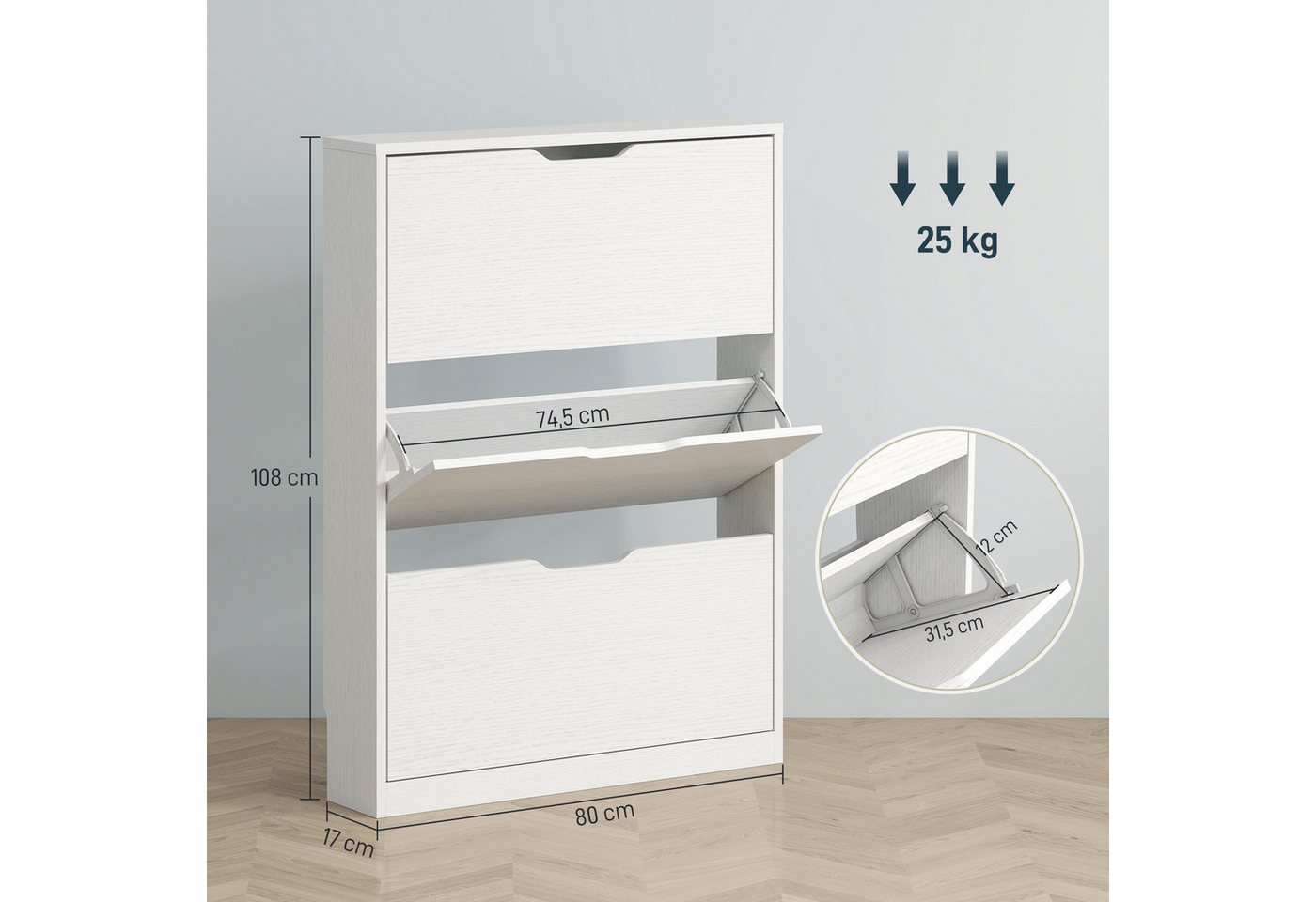 HOMCOM Schuhschrank Schuhregal, Schuhkipper Schmal, 9-12 Paar Schuhe (Schuhkommode für 12 Paar Schuhe, 1-St., für Flur, Eingangsbereich) 80 x 17 x 108 cm, Weiß – Bild 3 von 5