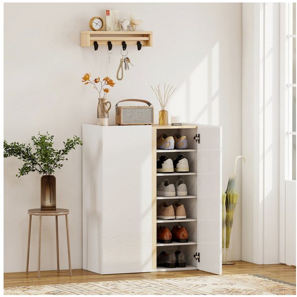 HOMCOM Schuhschrank Schuhregal Schuhkommode mit 2 Hochglanz Türen, 6 verstellbare Fächer (Schuhkommode, 1-St., Schuhaufbewahrung) mit Soft-Close-Funktion für 18