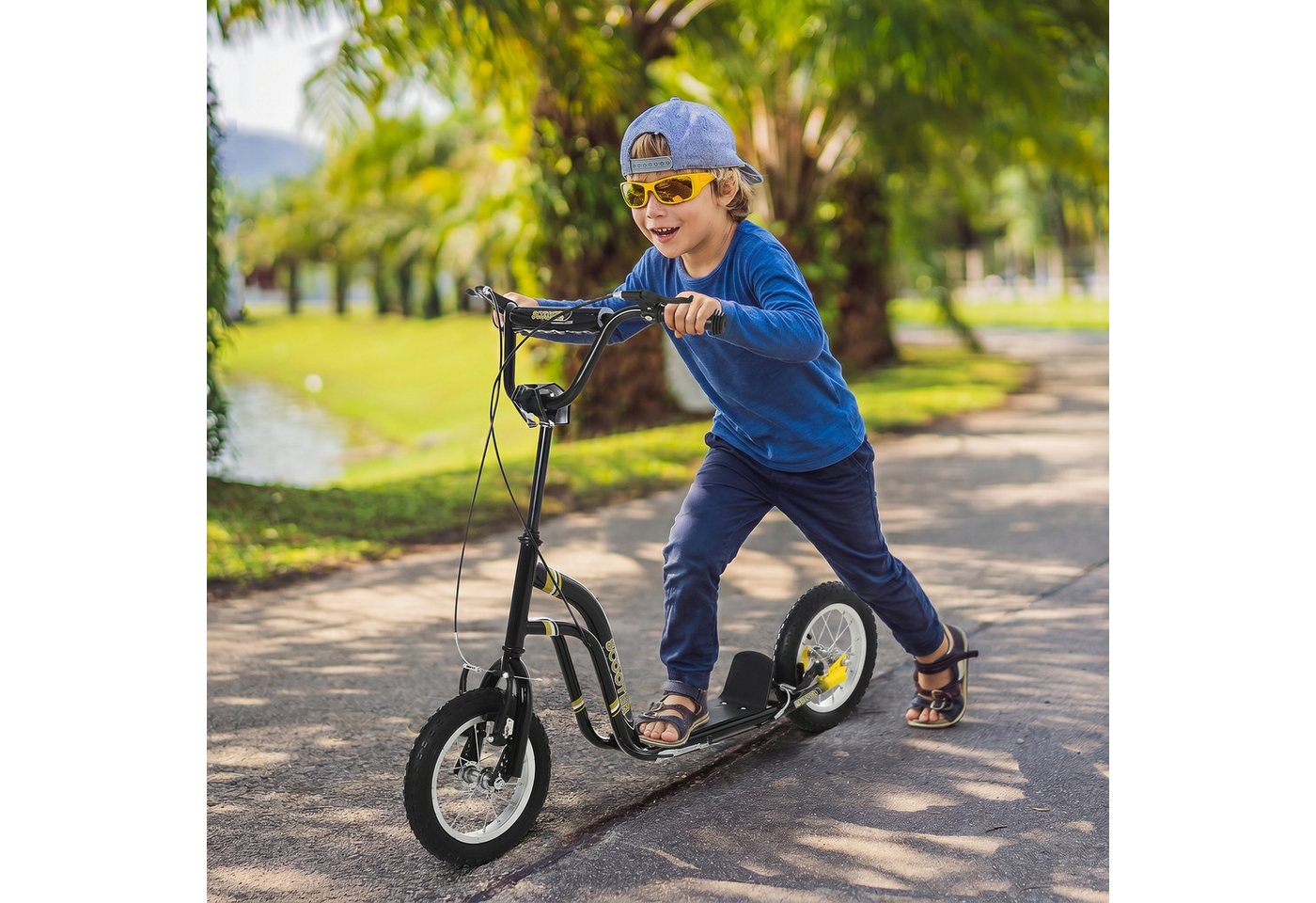 HOMCOM Scooter Kinderroller Tretroller mit verstellbarem Lenker, großen Rädern, 0 km/h, (Kinderscooter, 1 tlg., Tretroller), 120L x 58B x 85-95H cm – Bild 2 von 5