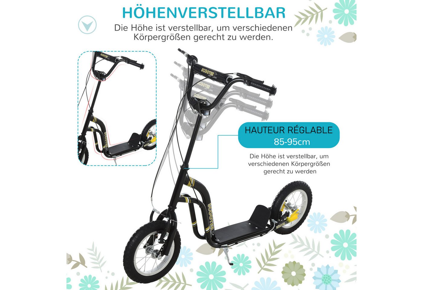 HOMCOM Scooter Kinderroller Tretroller mit verstellbarem Lenker, großen Rädern, 0 km/h, (Kinderscooter, 1 tlg., Tretroller), 120L x 58B x 85-95H cm – Bild 4 von 5