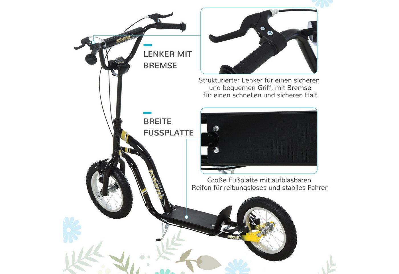 HOMCOM Scooter Kinderroller Tretroller mit verstellbarem Lenker, großen Rädern, 0 km/h, (Kinderscooter, 1 tlg., Tretroller), 120L x 58B x 85-95H cm – Bild 5 von 5