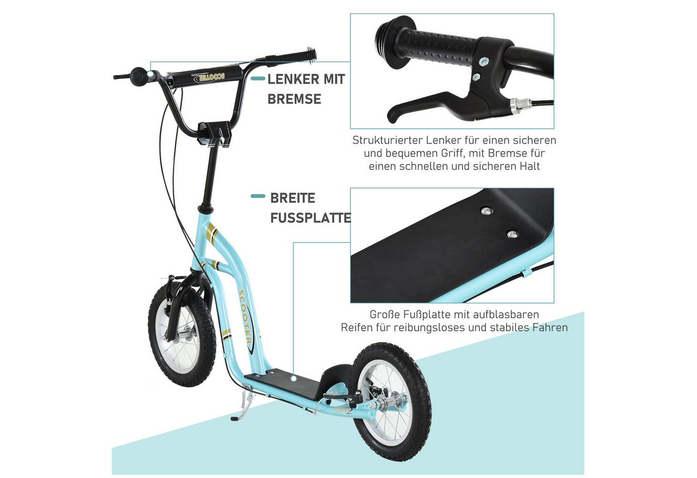 HOMCOM Scooter Kinderroller Tretroller mit verstellbarem Lenker, großen Rädern, 0 km/h, (Kinderroller, 1 tlg., Kinderscooter), für Jungen und Mädchen ab 5 Jahre – Bild 5 von 5