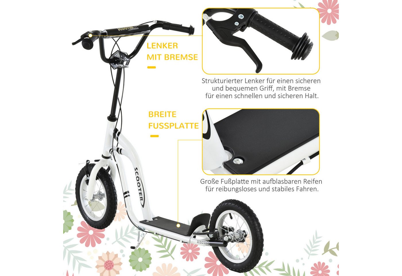HOMCOM Scooter Kinderroller Tretroller mit verstellbarem Lenker, großen Rädern, 0 km/h, (Kinderscooter, 1 tlg., Tretroller), 120L x 58B x 85-95H cm – Bild 4 von 5