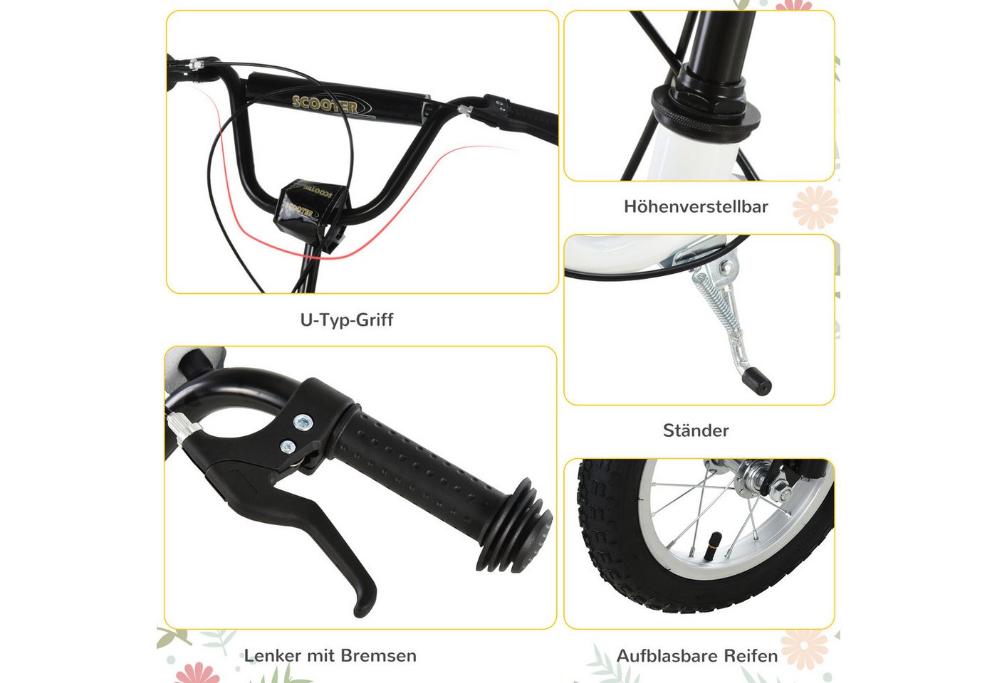 HOMCOM Scooter Kinderroller Tretroller mit verstellbarem Lenker, großen Rädern, 0 km/h, (Kinderscooter, 1 tlg., Tretroller), 120L x 58B x 85-95H cm – Bild 5 von 5