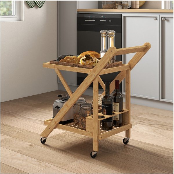 HOMCOM Servierwagen Küchenwagen mit 2 Ebenen, Rollwagen mit Weinregal, klappbar, (Rollwagen, 1 St., Küchenwagen), für Büro, Küche, Wohnzimmer, 66 x 40 x 70 cm, 