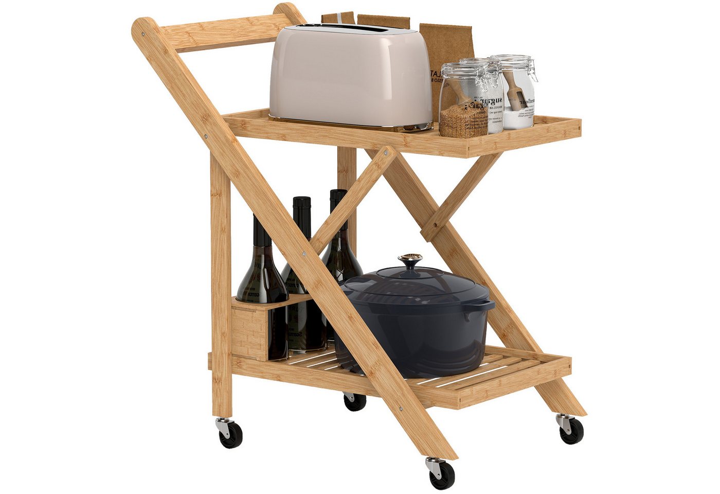 HOMCOM Servierwagen Küchenwagen mit 2 Ebenen, Rollwagen mit Weinregal, klappbar, (Rollwagen, 1 St., Küchenwagen), für Büro, Küche, Wohnzimmer, 66 x 40 x 70 cm,  – Bild 2 von 5