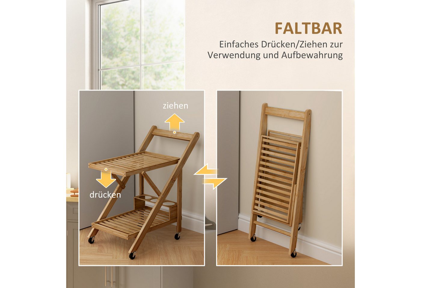 HOMCOM Servierwagen Küchenwagen mit 2 Ebenen, Rollwagen mit Weinregal, klappbar, (Rollwagen, 1 St., Küchenwagen), für Büro, Küche, Wohnzimmer, 66 x 40 x 70 cm,  – Bild 5 von 5