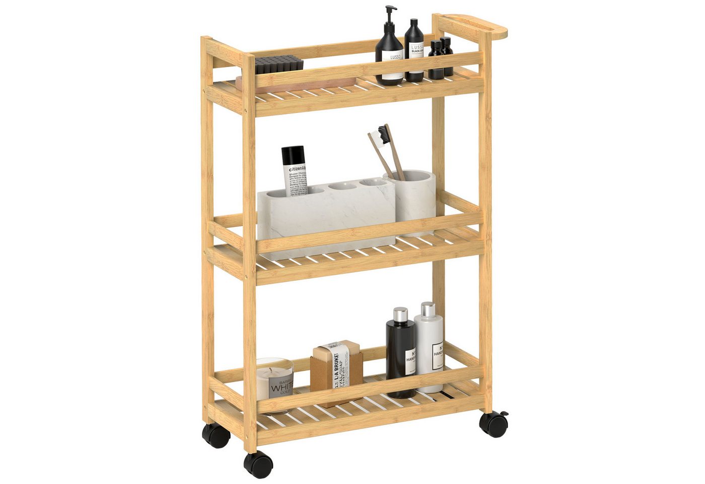 HOMCOM Servierwagen Küchenwagen mit 3 Ebenen, Rollen, Griff aus Bambus Rollwagen, (Aufbewahrungswagen, 1 St., Küchenwagen), für Büro, Wohnzimmer, Küche, 55 x 20 – Bild 2 von 5