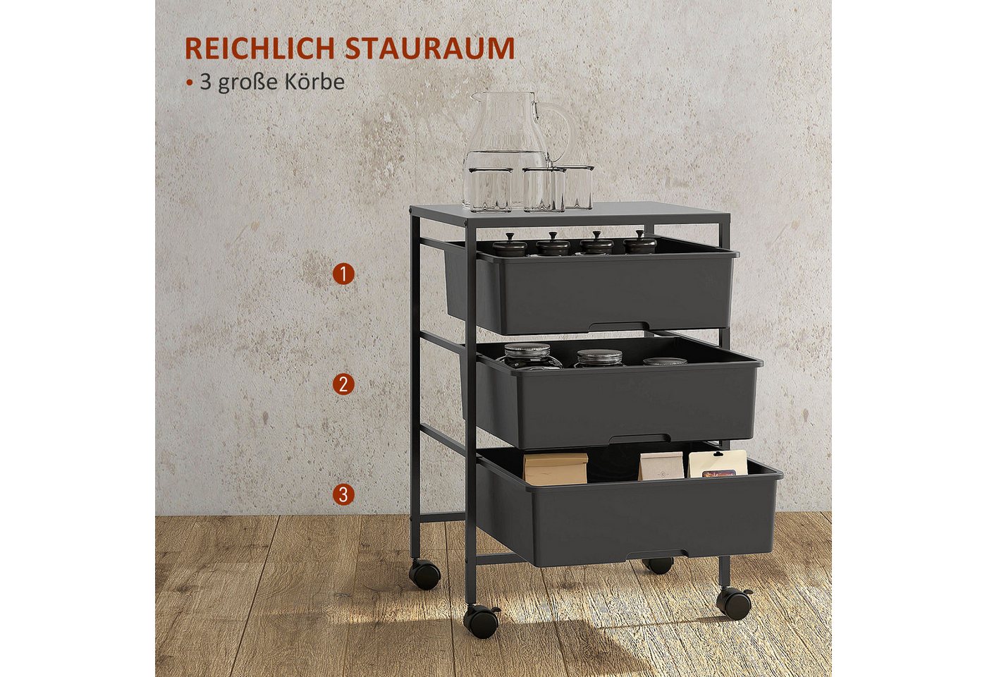 HOMCOM Servierwagen Küchenwagen mit Griff und Rollen Allzweckwagen mit 3 Körben, (Rollwagen, 1 St., Aufbewahrungswagen), für Küche, Wohnzimmer, 40,8 x 33,5 x 60 – Bild 4 von 5