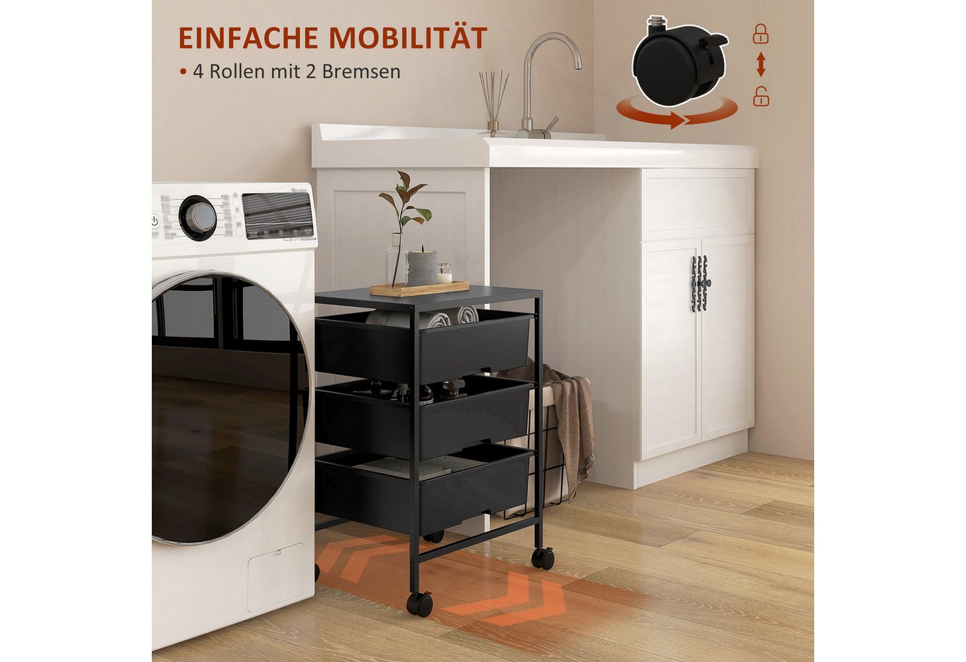HOMCOM Servierwagen Küchenwagen mit Griff und Rollen Allzweckwagen mit 3 Körben, (Rollwagen, 1 St., Aufbewahrungswagen), für Küche, Wohnzimmer, 40,8 x 33,5 x 60 – Bild 5 von 5
