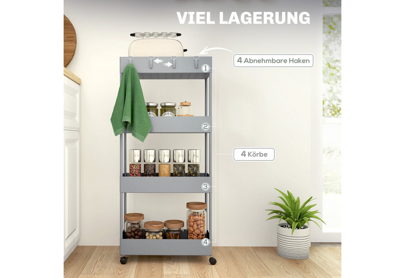 HOMCOM Servierwagen Servierwagen mit 4 Ebenen, Rollwagen mit Haken, (Küchenwagen mit Bremsen, 1 St., Servierwagen für Küche, Schlafzimmer, Wohnzimmer), Kunststo – Bild 4 von 5
