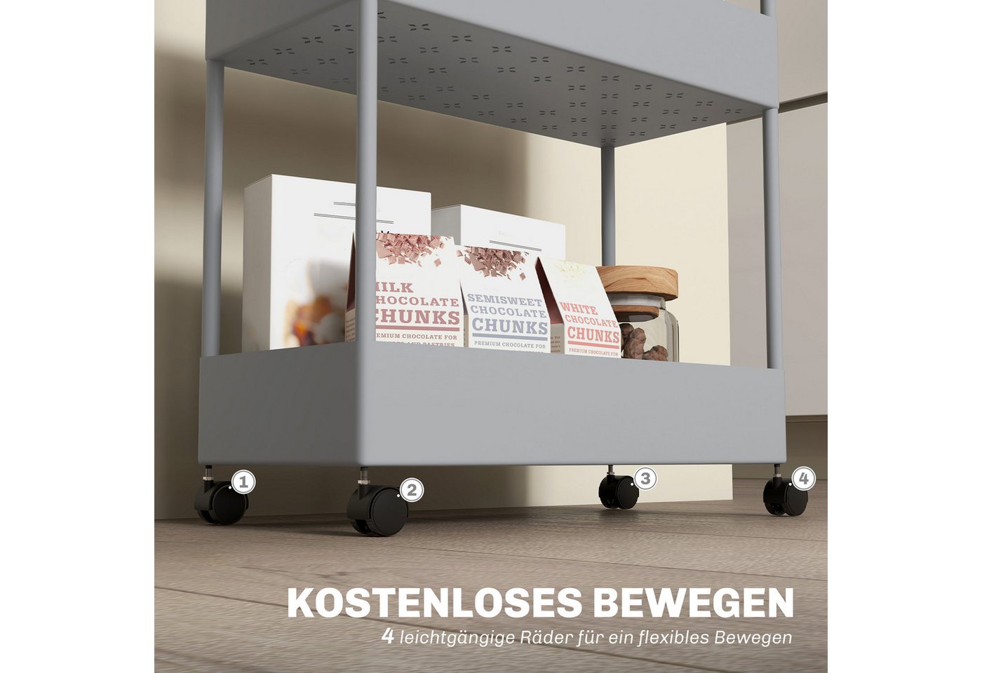 HOMCOM Servierwagen Servierwagen mit 4 Ebenen, Rollwagen mit Haken, (Küchenwagen mit Bremsen, 1 St., Servierwagen für Küche, Schlafzimmer, Wohnzimmer), Kunststo – Bild 5 von 5