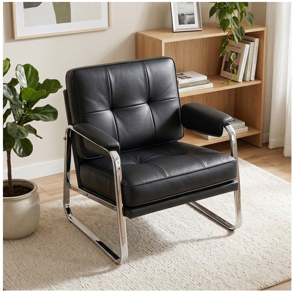 HOMCOM Sessel Loungesessel, Armlehnen, mit Stahlbeinen, aus Kunstleder (Polstersessel, 1-St., Relaxsessel), Knopfheftung, breite Sitzfläche, dicker Schaumstoff