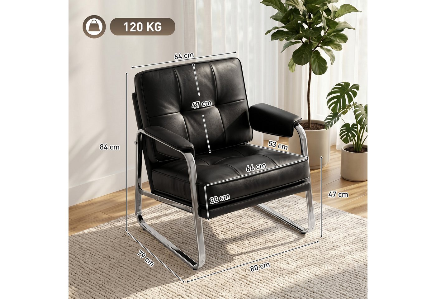 HOMCOM Sessel Loungesessel, Armlehnen, mit Stahlbeinen, aus Kunstleder (Polstersessel, 1-St., Relaxsessel), Knopfheftung, breite Sitzfläche, dicker Schaumstoff – Bild 3 von 5
