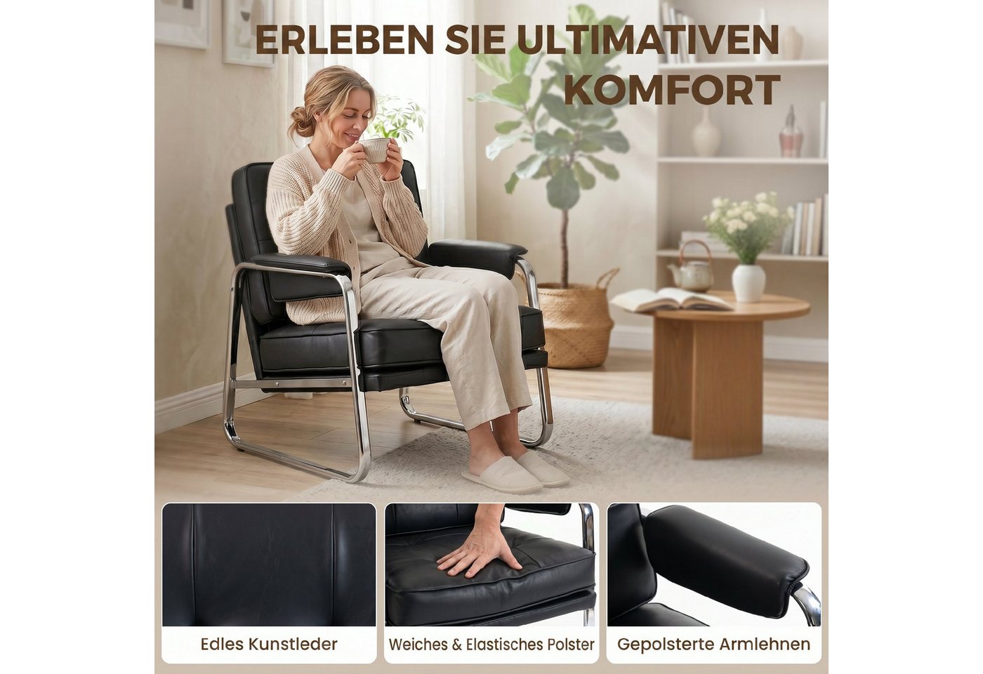 HOMCOM Sessel Loungesessel, Armlehnen, mit Stahlbeinen, aus Kunstleder (Polstersessel, 1-St., Relaxsessel), Knopfheftung, breite Sitzfläche, dicker Schaumstoff – Bild 4 von 5