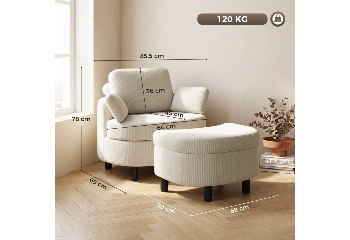 HOMCOM Sessel Loungesessel Polstersessel mit Aufbewahrungshocker (Sessel und Hocker, 2-St., bestehend aus Sessel und Hocker), 5-fach verstellbare Kopfstütze, St – Bild 3 von 5