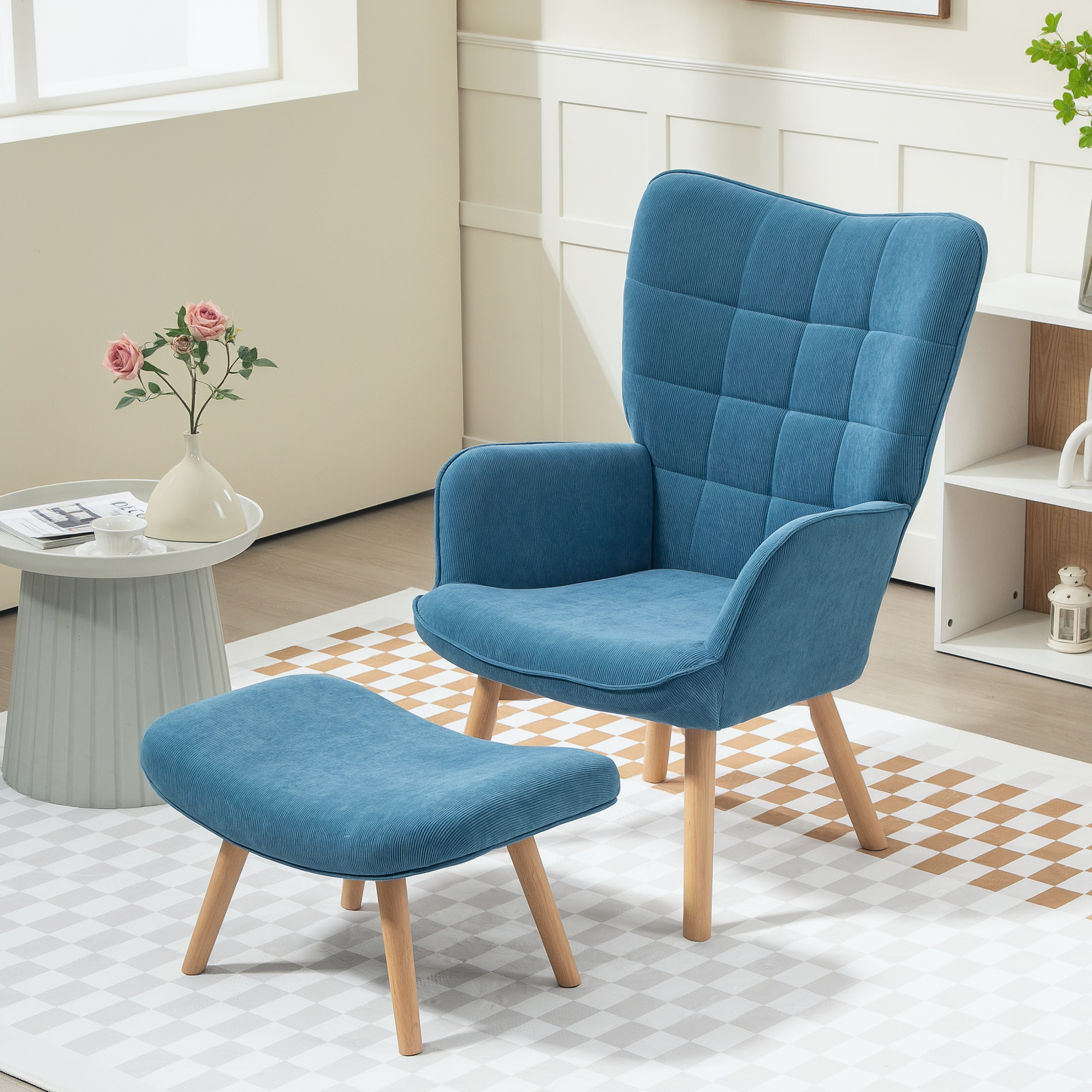 HOMCOM Sessel mit Hocker, Ohrensessel mit Hoher Rückenlehne, Holzbeine, Loungesessel mit getuftetem Design, Cord-Optik, für Wohnzimmer, Blau Aosom – Bild 2 von 2