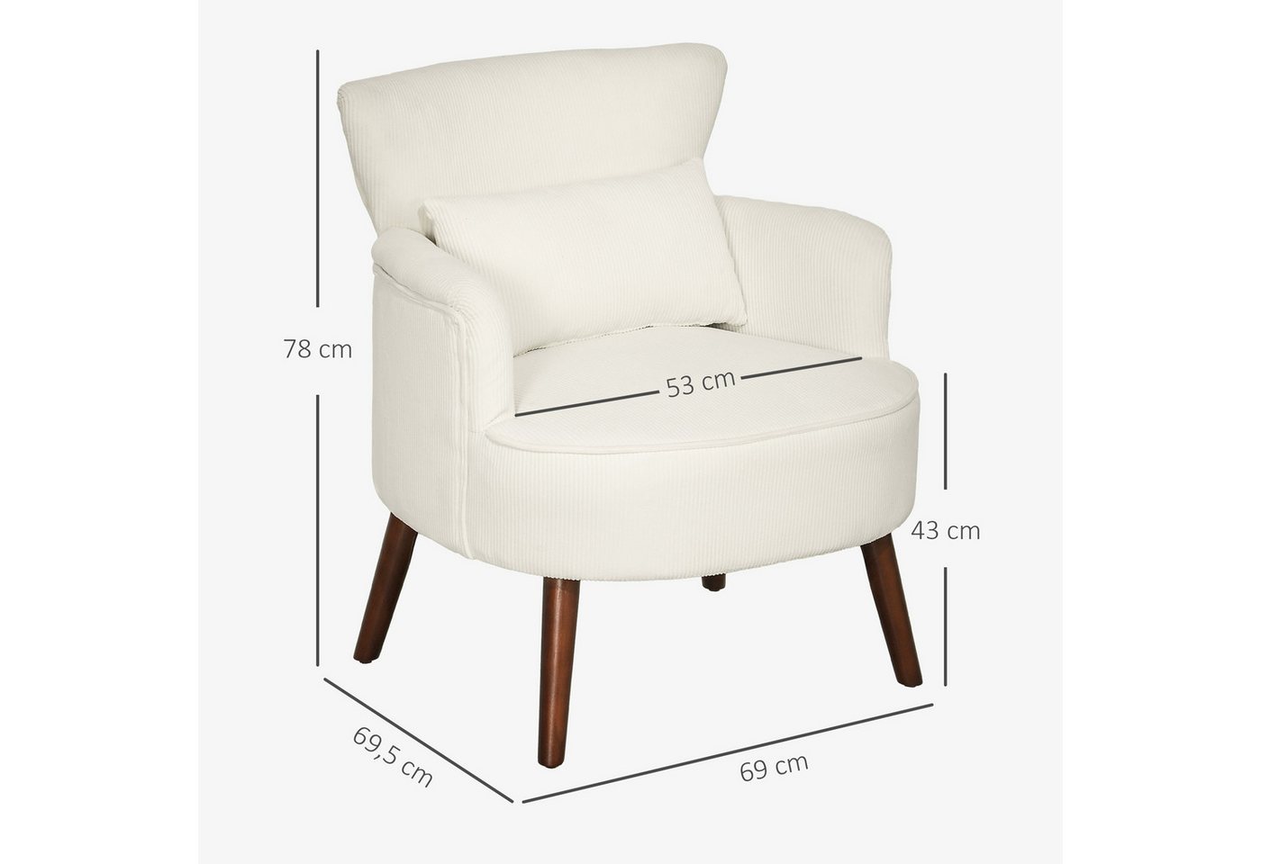HOMCOM Sessel Polstersessel, Armlehnensessel mit Armlehnen und Kissen (Loungesessel, 1-St., Gepolstert Relaxsessel), mit Kordoptik, Holzbeinen, für Wohnzimmer,  – Bild 3 von 5