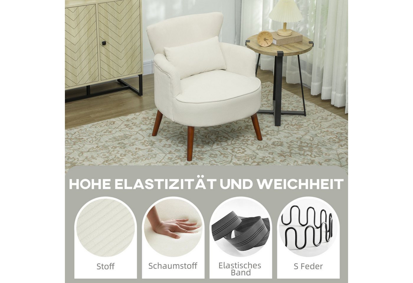 HOMCOM Sessel Polstersessel, Armlehnensessel mit Armlehnen und Kissen (Loungesessel, 1-St., Gepolstert Relaxsessel), mit Kordoptik, Holzbeinen, für Wohnzimmer,  – Bild 4 von 5