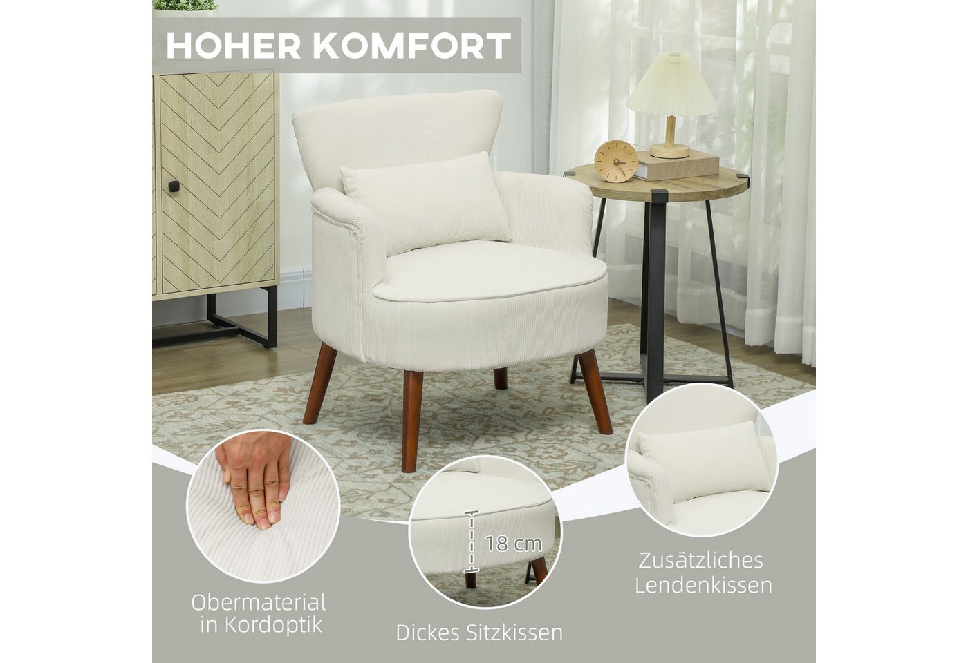 HOMCOM Sessel Polstersessel, Armlehnensessel mit Armlehnen und Kissen (Loungesessel, 1-St., Gepolstert Relaxsessel), mit Kordoptik, Holzbeinen, für Wohnzimmer,  – Bild 5 von 5
