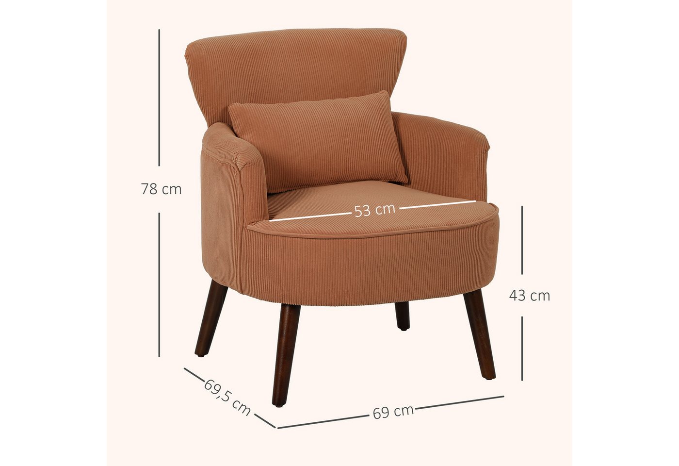 HOMCOM Sessel Polstersessel, Armlehnensessel mit Armlehnen und Kissen (Loungesessel, 1-St., Gepolstert Relaxsessel), mit Kordoptik, Holzbeinen, für Wohnzimmer,  – Bild 3 von 5