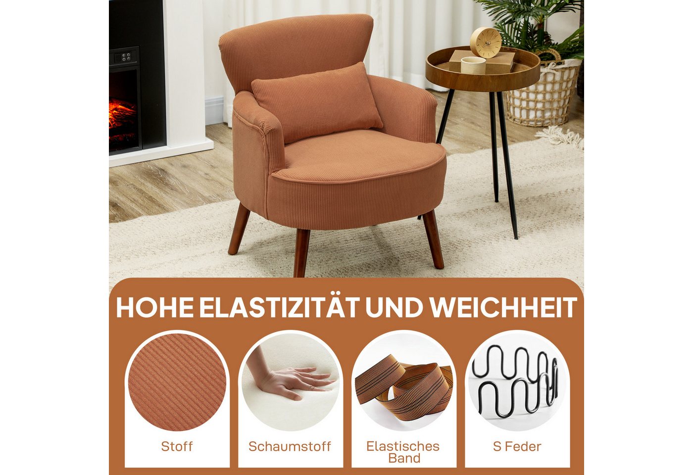 HOMCOM Sessel Polstersessel, Armlehnensessel mit Armlehnen und Kissen (Loungesessel, 1-St., Gepolstert Relaxsessel), mit Kordoptik, Holzbeinen, für Wohnzimmer,  – Bild 4 von 5