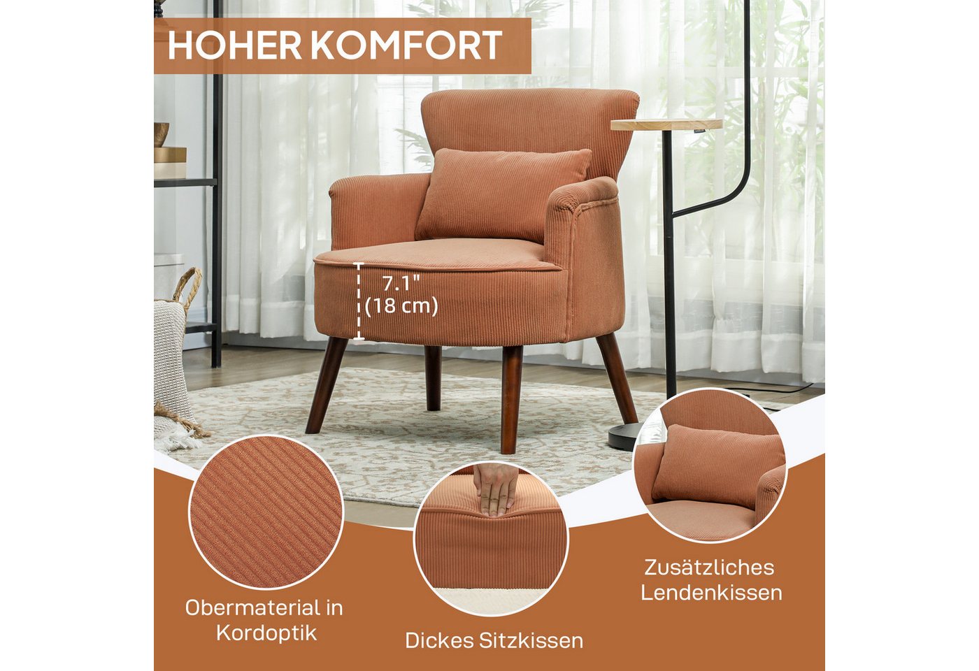 HOMCOM Sessel Polstersessel, Armlehnensessel mit Armlehnen und Kissen (Loungesessel, 1-St., Gepolstert Relaxsessel), mit Kordoptik, Holzbeinen, für Wohnzimmer,  – Bild 5 von 5
