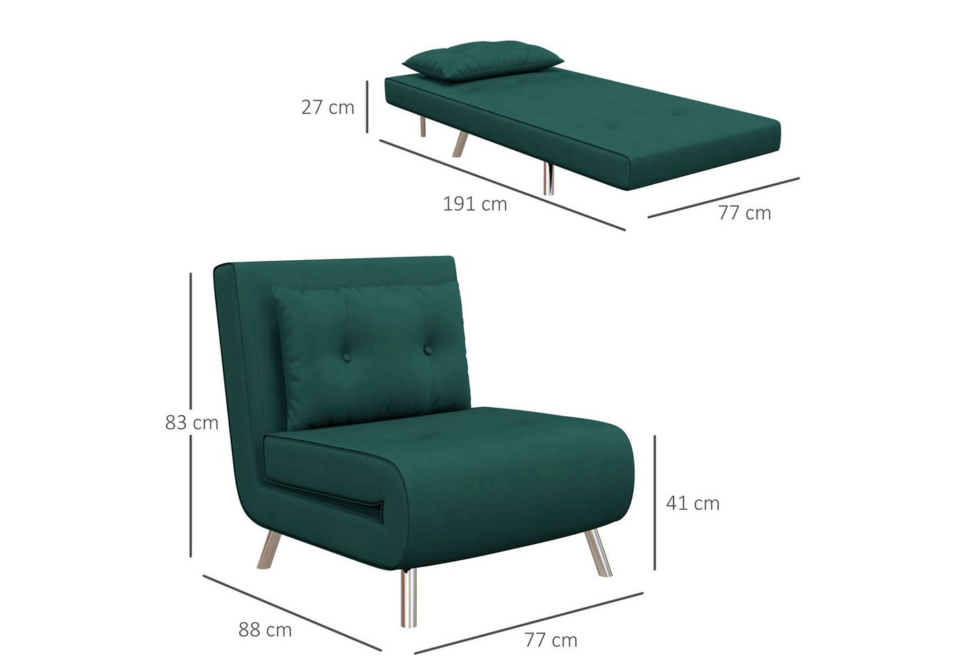 HOMCOM Sessel Schlafsessel, Klappsessel mit Bettfunktion, Einzelsofa mit Kissen (Gästebett, 1-St., Polstersofa), für Wohnzimmer, Schlafzimmer, Dunkelgrün, 77 x  – Bild 3 von 5