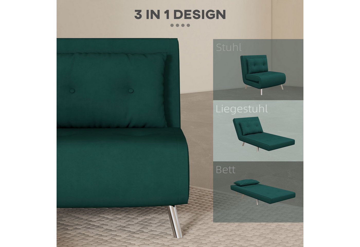 HOMCOM Sessel Schlafsessel, Klappsessel mit Bettfunktion, Einzelsofa mit Kissen (Gästebett, 1-St., Polstersofa), für Wohnzimmer, Schlafzimmer, Dunkelgrün, 77 x  – Bild 4 von 5