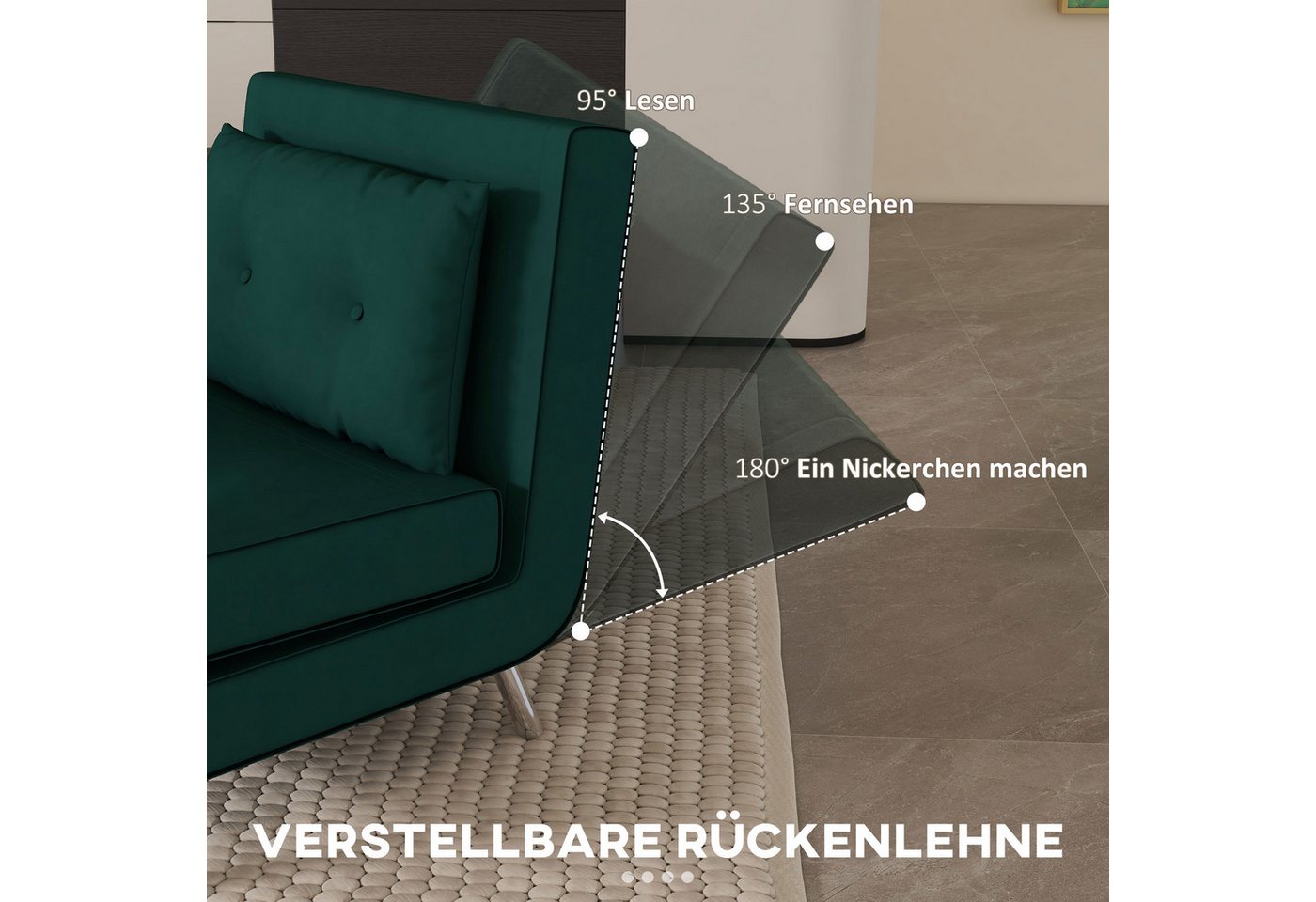 HOMCOM Sessel Schlafsessel, Klappsessel mit Bettfunktion, Einzelsofa mit Kissen (Gästebett, 1-St., Polstersofa), für Wohnzimmer, Schlafzimmer, Dunkelgrün, 77 x  – Bild 5 von 5
