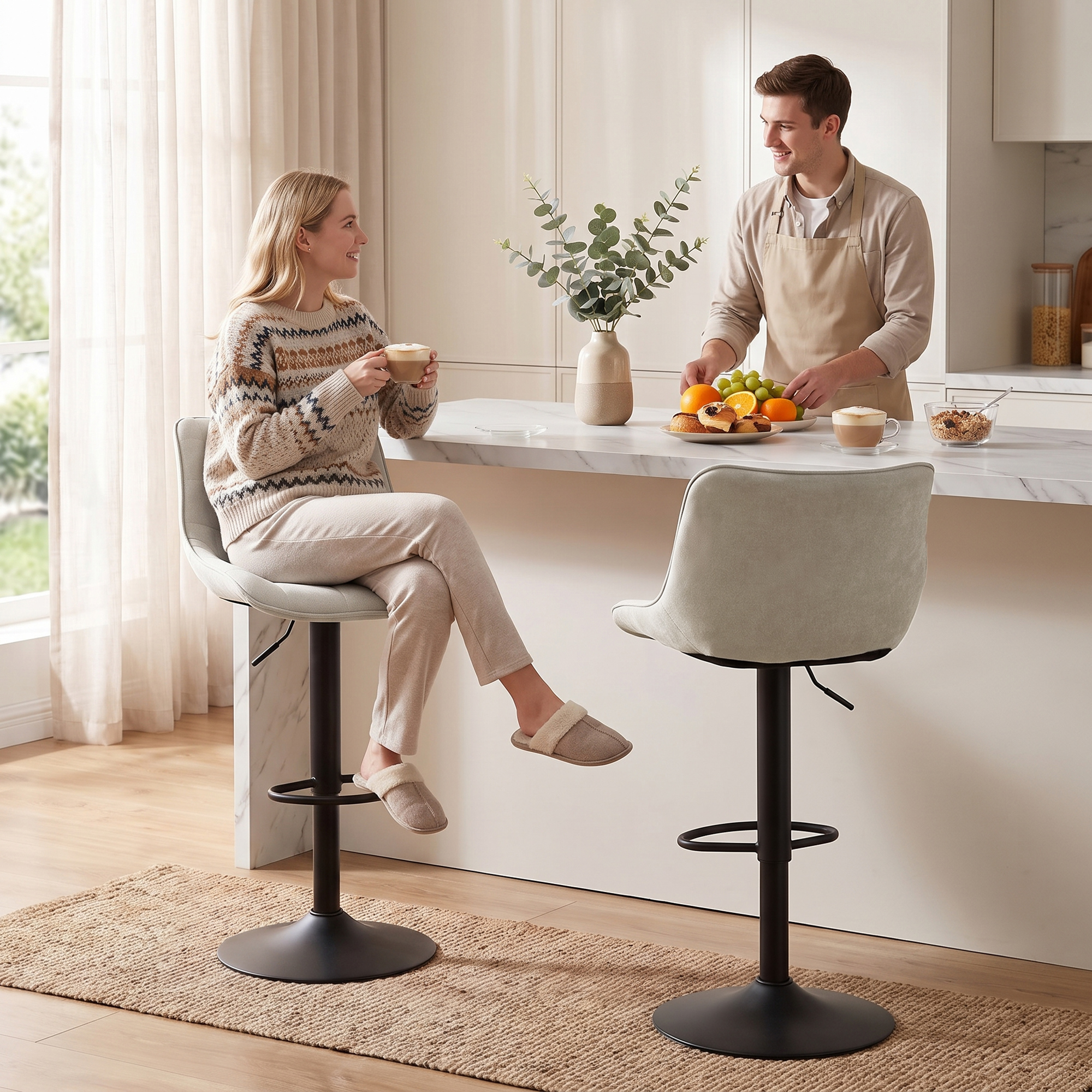 HOMCOM Set 2 Barhocker im Leinen-Velours-Look, höhenverstellbar, 360° drehbar, Küchenhocker mit Fußstütze, Rückenlehne, Kohlenstoffstahl-Sockel, modern, Creme A – Bild 2 von 2