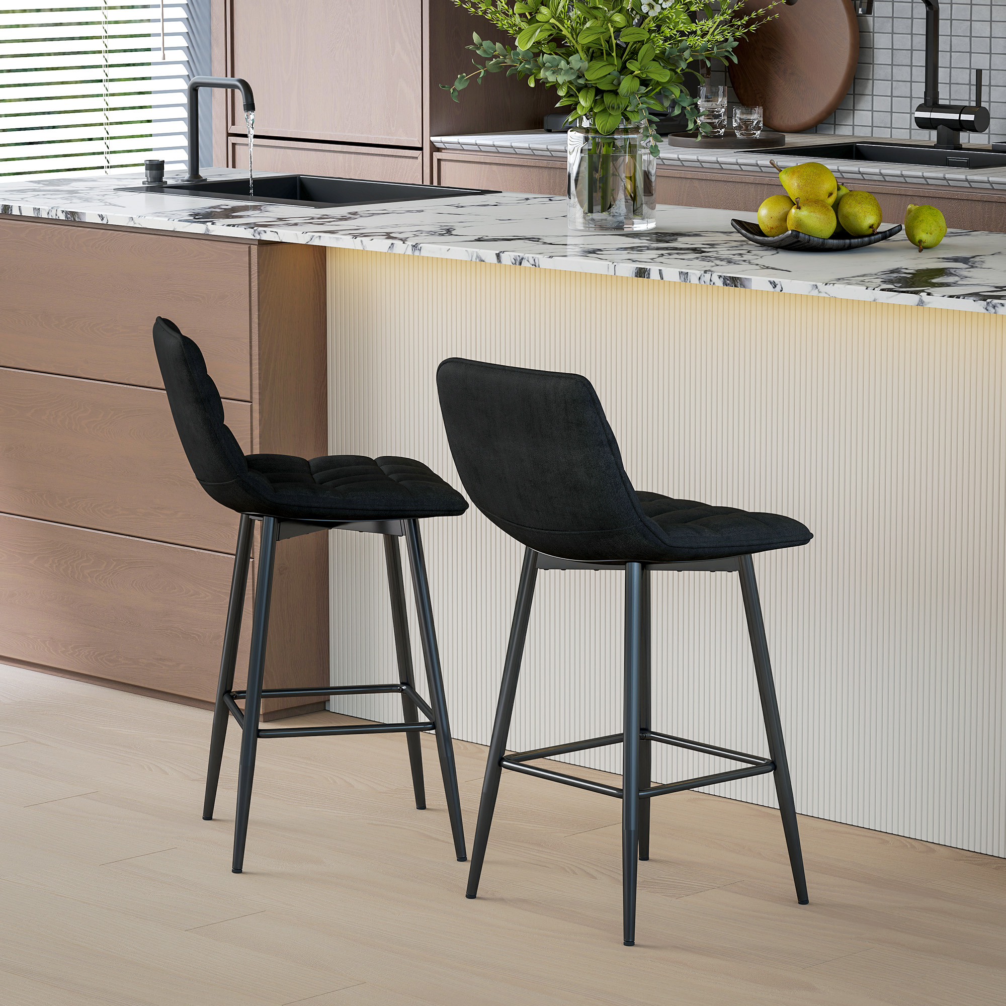 HOMCOM Set 2 Barhocker im skandinavischen Stil mit Rückenlehne und Fußstütze, Barhocker mit Rückenlehne aus Samteffektstoff und Metall, 45x47x84 cm, Schwarz Aos – Bild 2 von 2